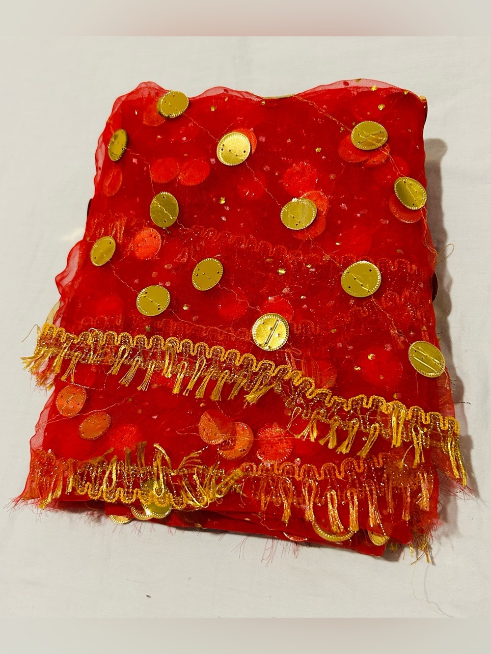 Vintage Halloween Gypsy style red fringed throw tablecloth w/ gold coin accents
